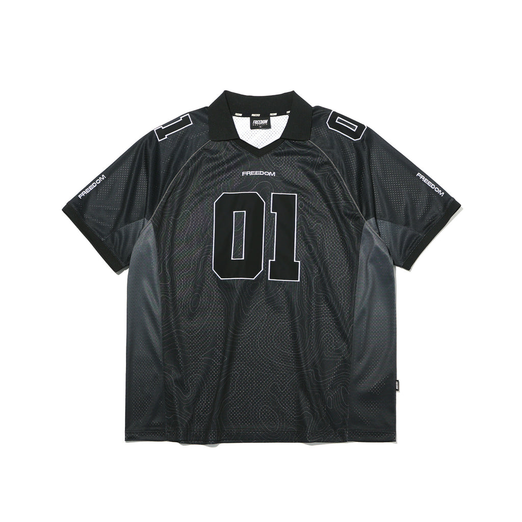 Contour Line Mesh Collar T-shirt Black