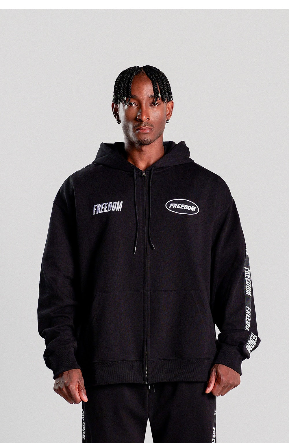 Freedom Lettering Hoodie Zip-up (Black) - フリダムレタリングフードジップアップ